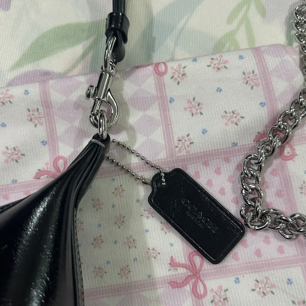 Coach Black Patent Leather Shoulder Bag with Silver Chain